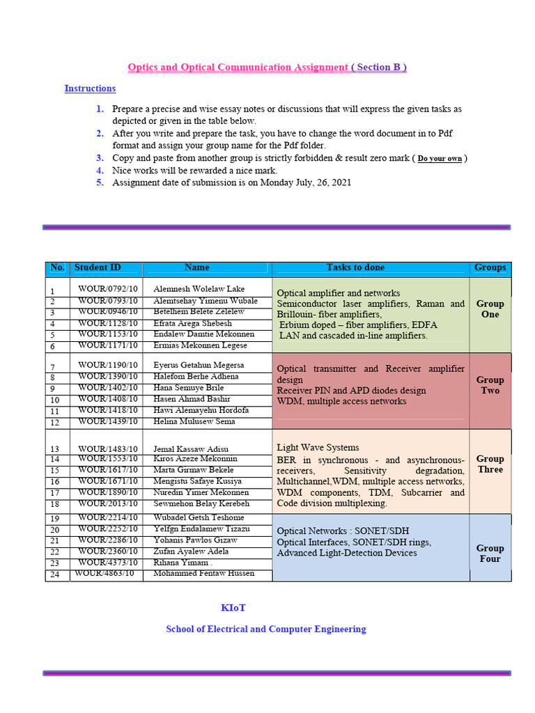 Optical Communication Assignment Guide | PDF | Wavelength Division ...