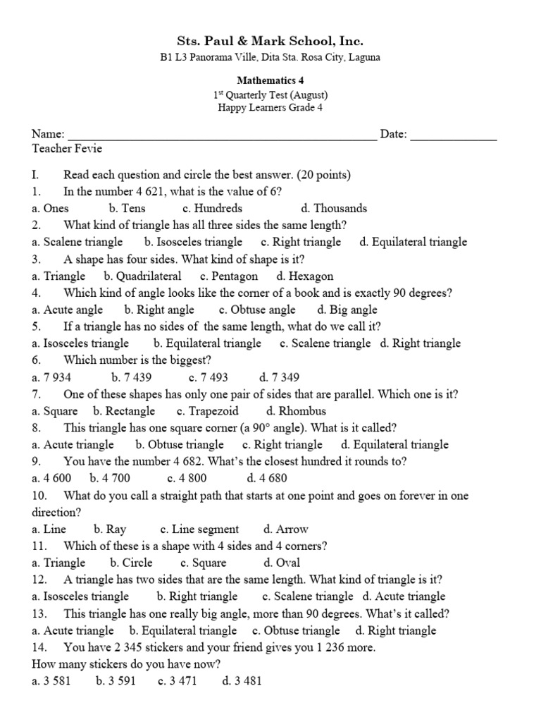 Grade 4 Math Quarterly Test August | PDF | Triangle | Shape