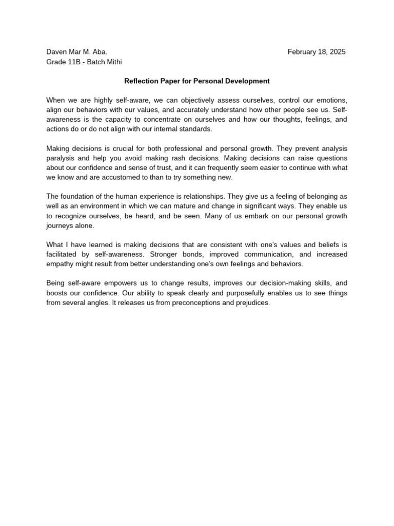 Reflection Paper For Personal Development | PDF