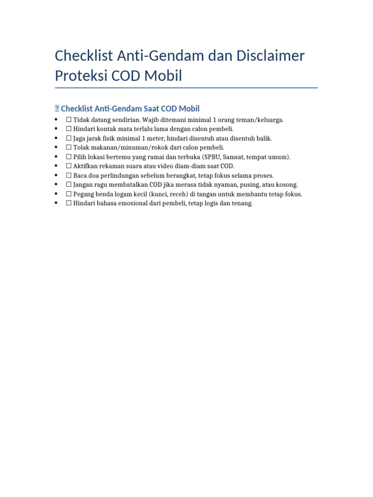 Checklist Aman COD Mobil dan Disclaimer | PDF