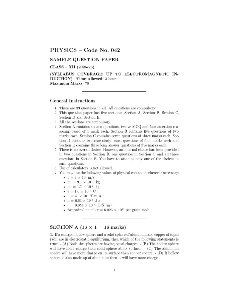 Class XII Physics Sample Paper 2025-26 | PDF | Magnetic Field | Inductor