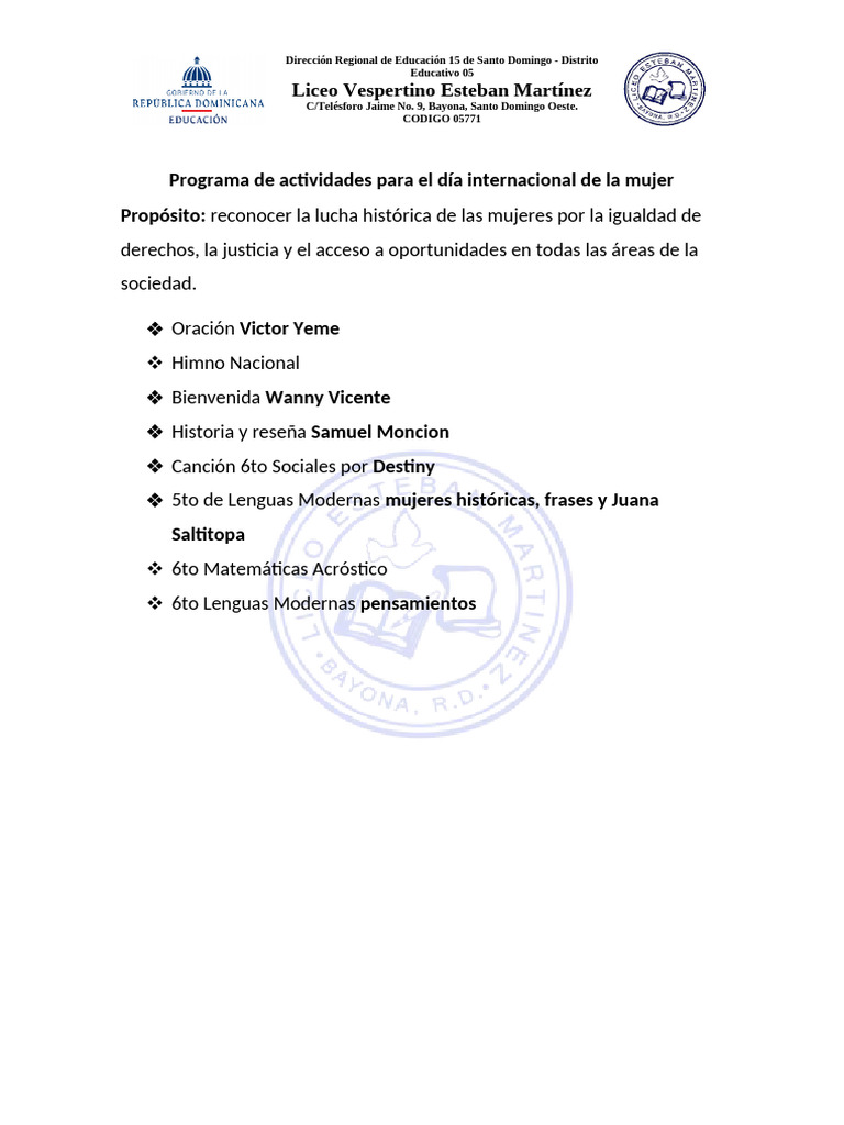 Programa de Actividades para El Día Internacional de La Mujer | PDF