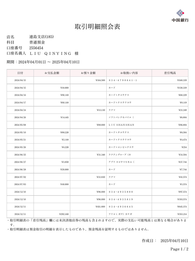 取引明細照会表 | PDF