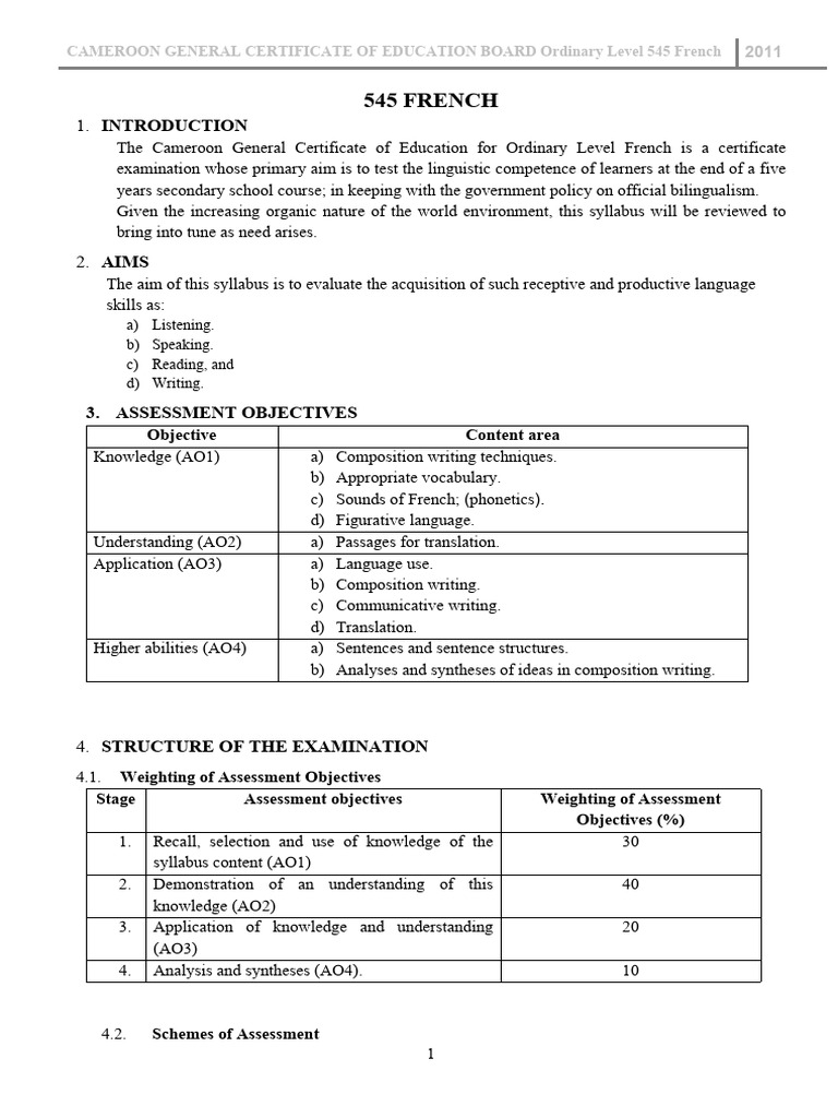 Cameroon O/L French Exam Syllabus 2011 | PDF | Question | Multiple Choice