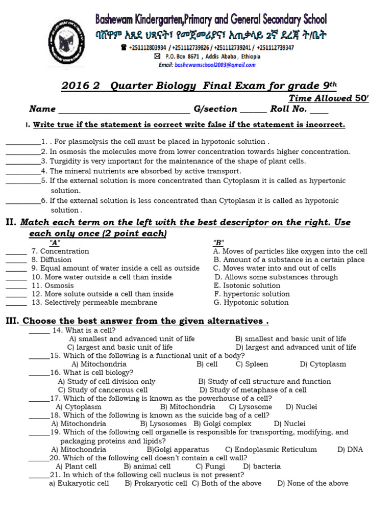 9th Grade Biology Final Exam Q2 2016 | PDF | Cell (Biology) | Cytoplasm