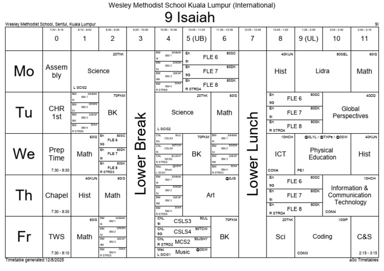 Wesley Methodist School 9I Timetable | PDF