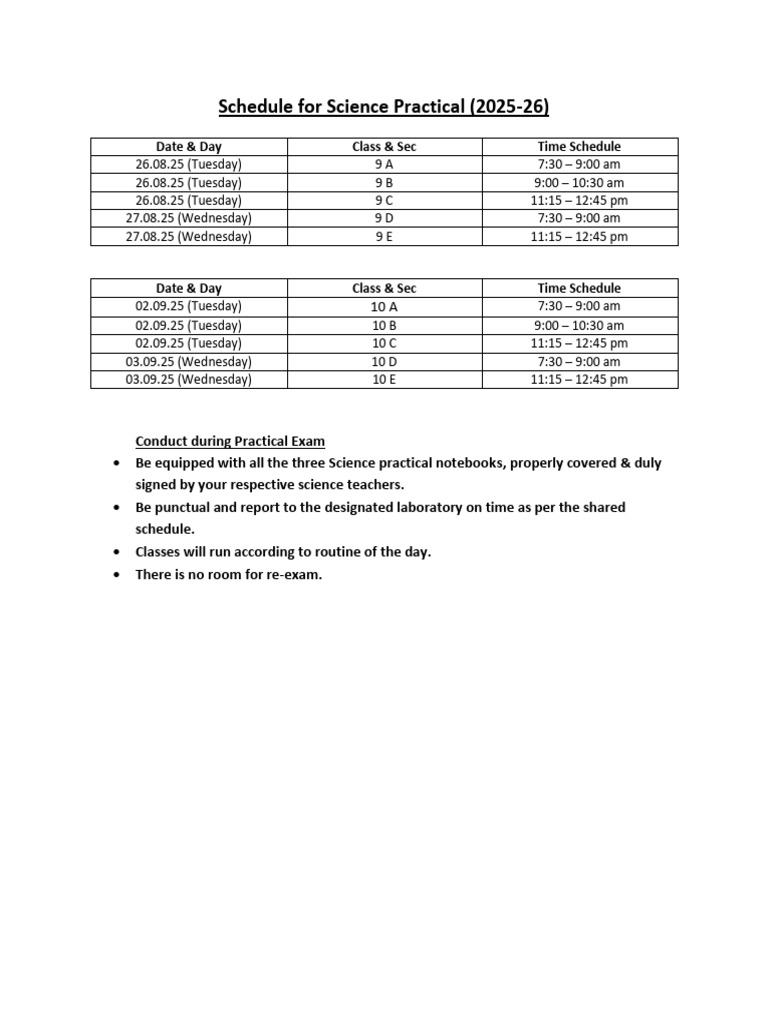 Science Practical Schedule (New1) | PDF