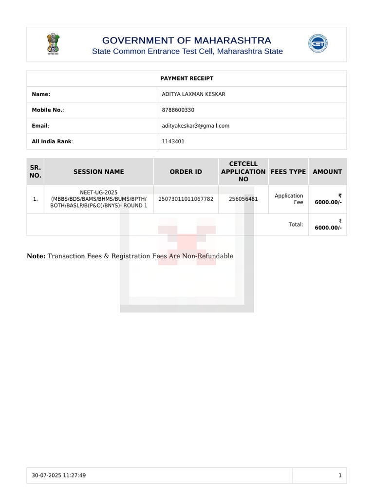 NEET-UG 2025 Payment Receipt | PDF