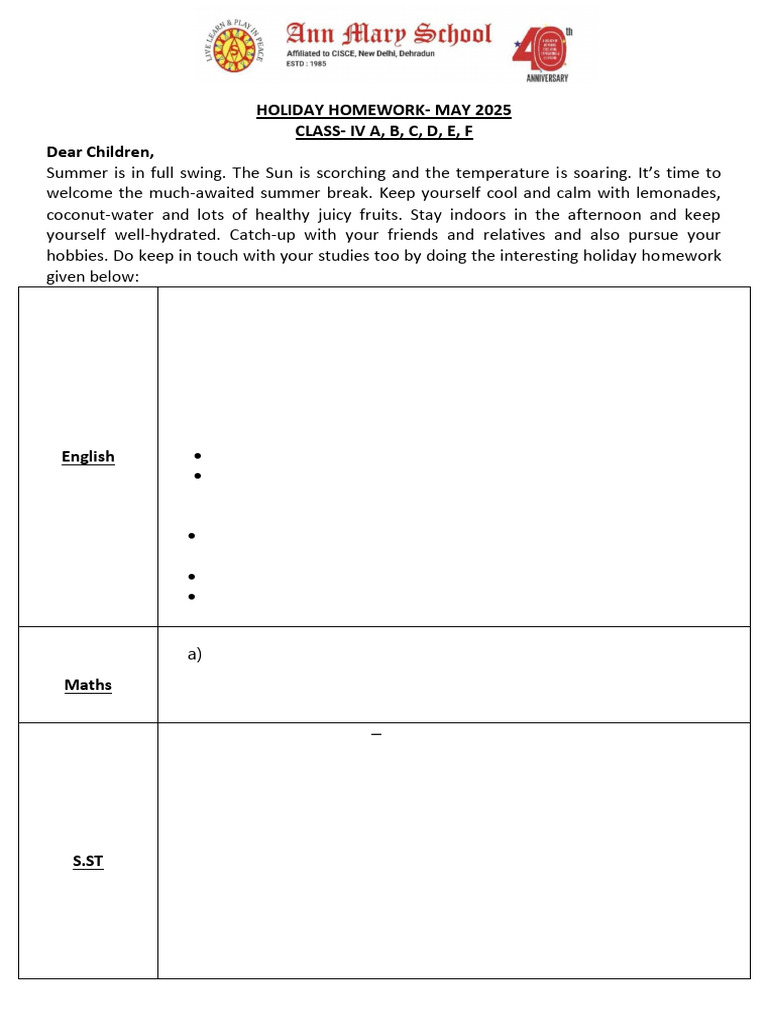 Class IV Holiday Homework May 2025 | PDF | Asana | Yoga