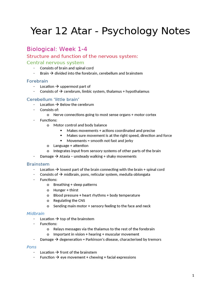 Year 12 Atar Psychology Notes | PDF | Brainstem | Neuron
