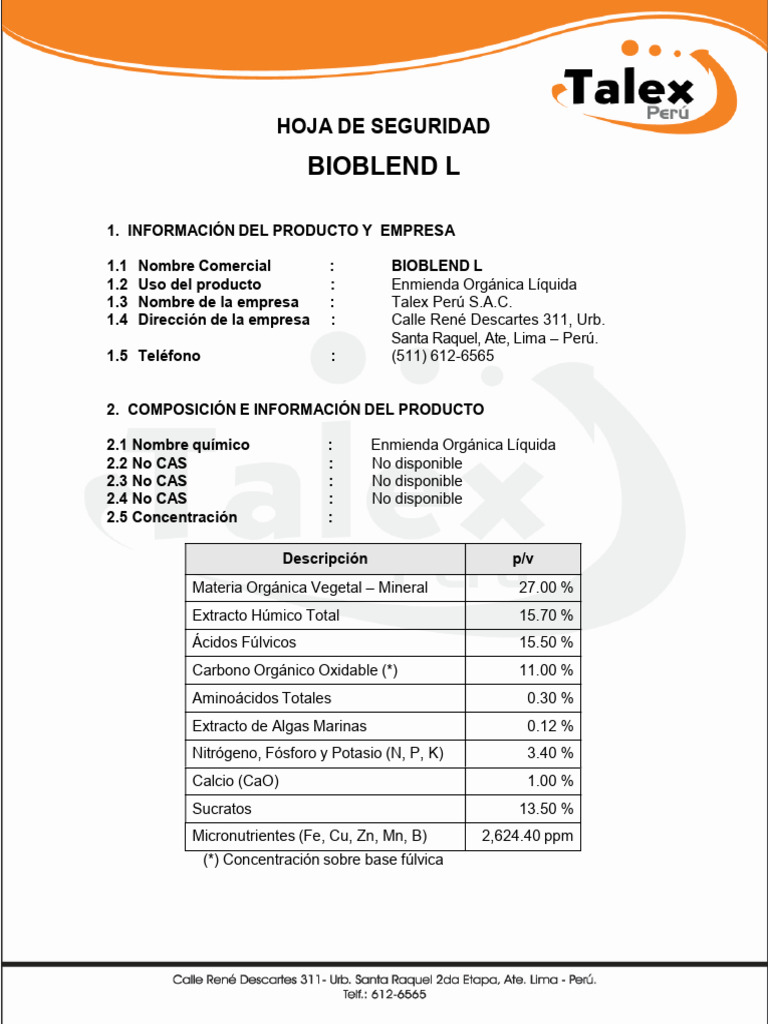 Hoja de Seguridad de Bioblend L | PDF | Agua | Residuos