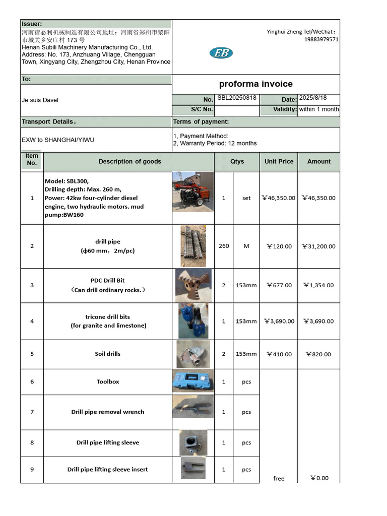Proforma Invoice for Drilling Equipment | PDF
