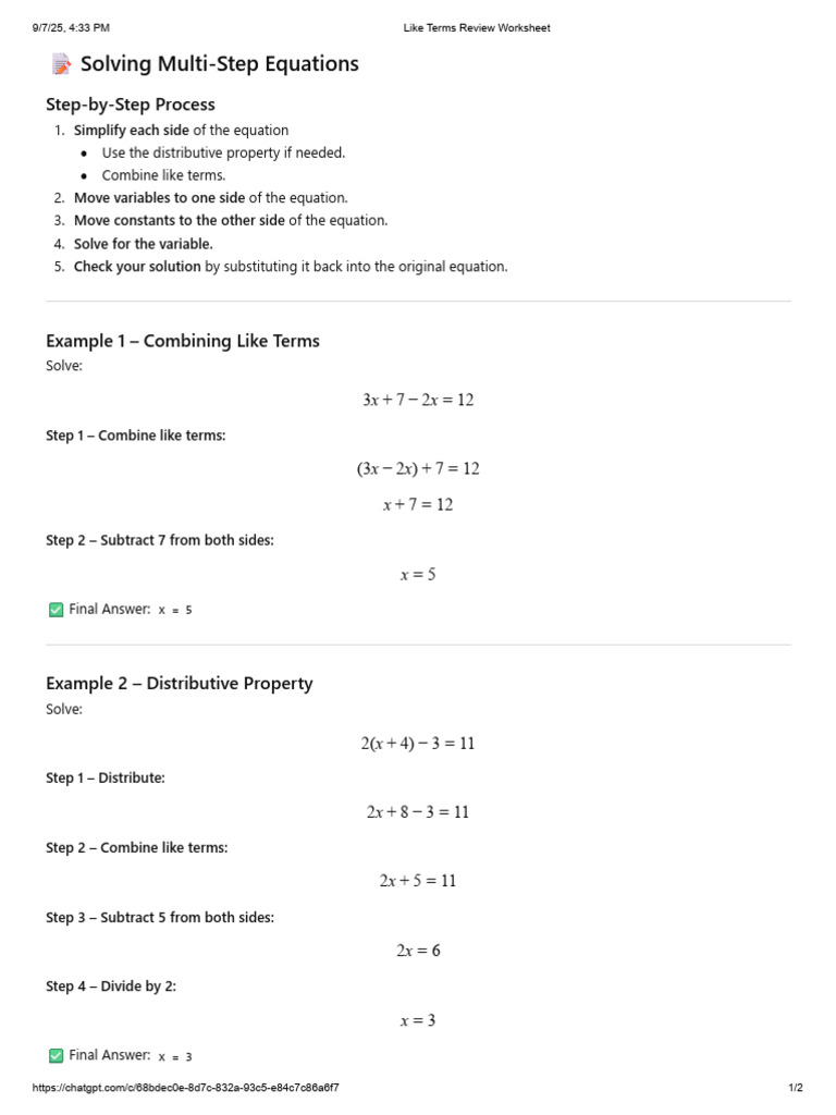 C4 Solving Multi Step Equations | PDF