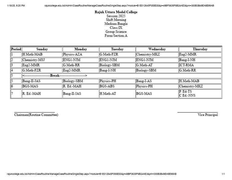 Class IX Science Routine 2025 | PDF