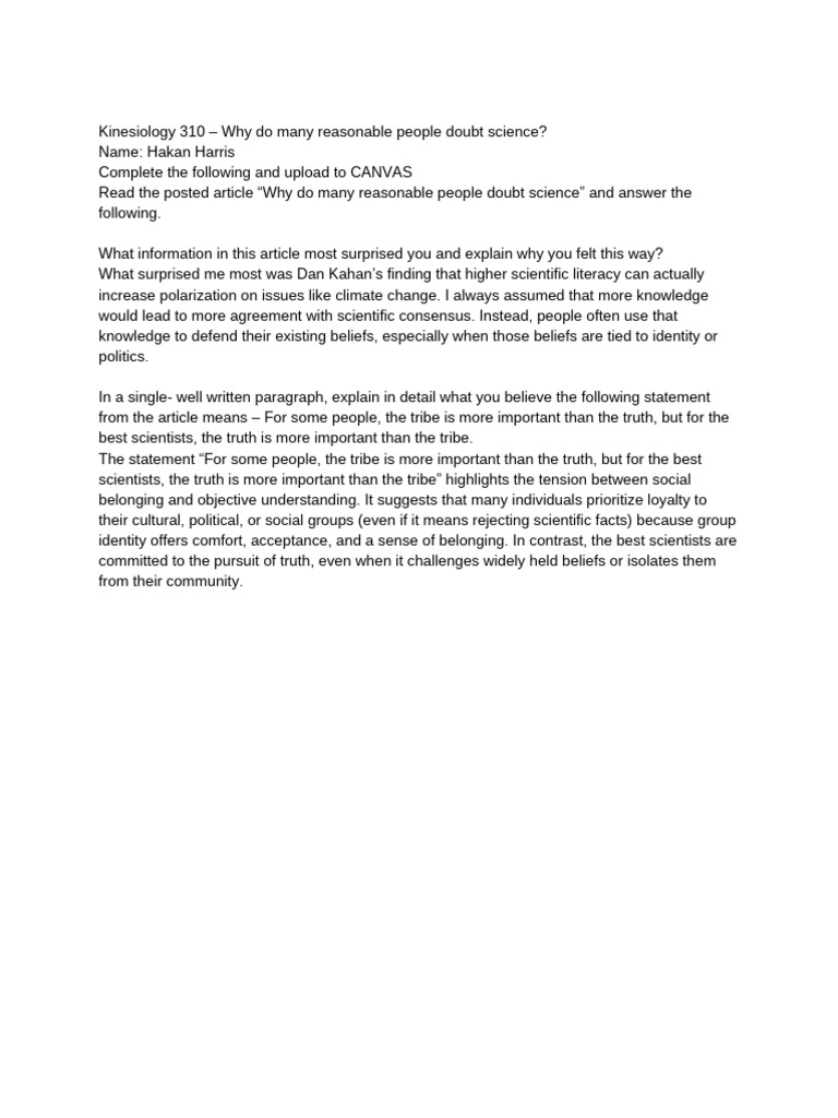Kinesiology 310 - Why Do Many Reasonable People Doubt Science | PDF