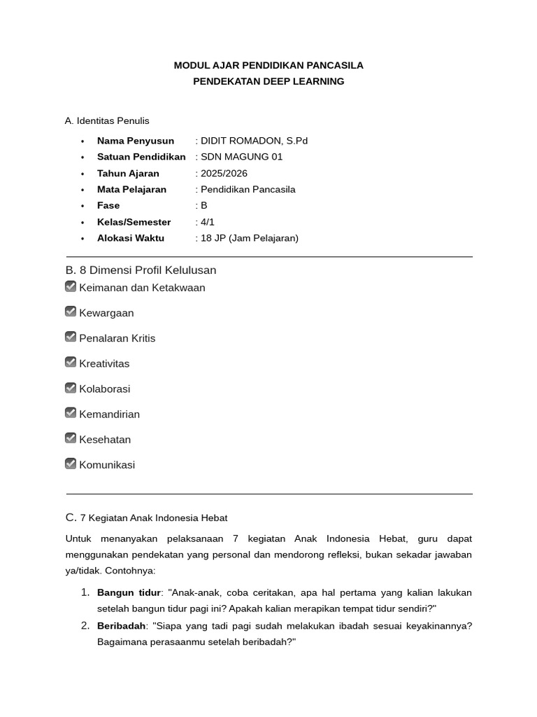 Modul Ajar Pancasila Kelas 4 Deep Learning | PDF