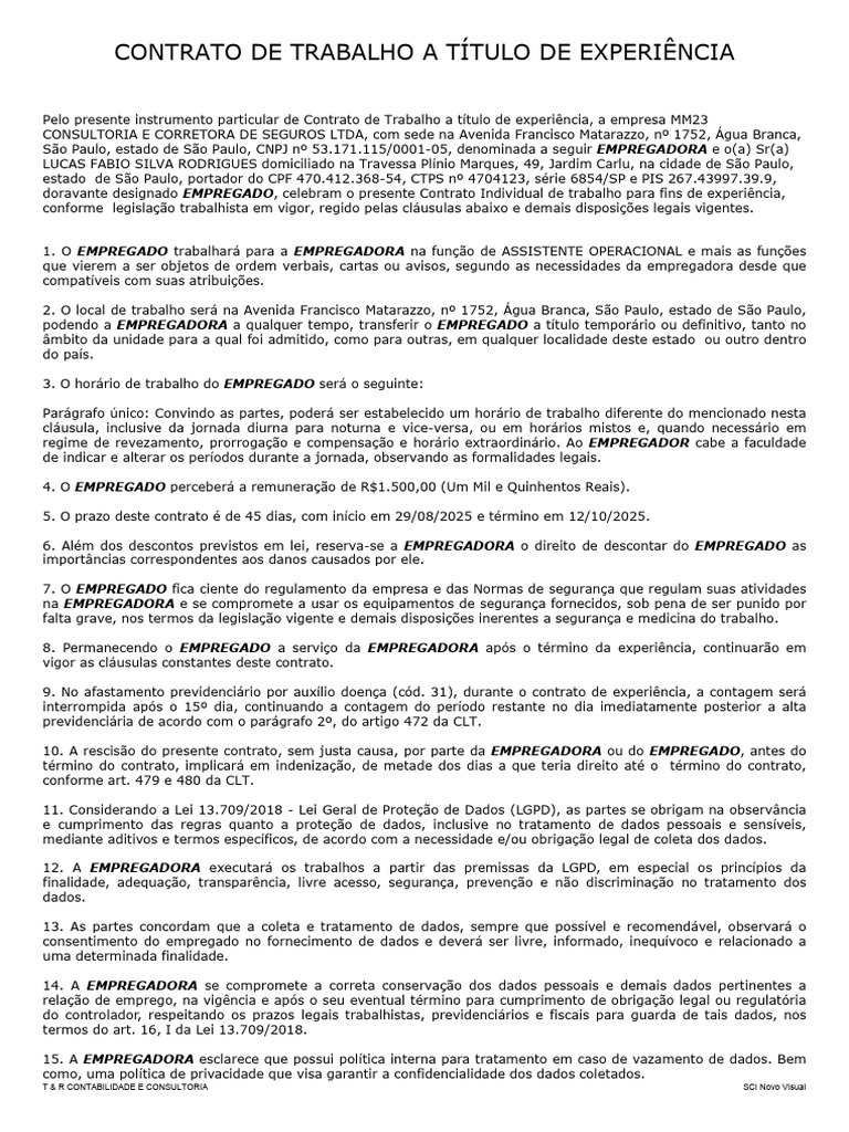 Contrato de Trabalho: Experiência e Prorrogação | PDF