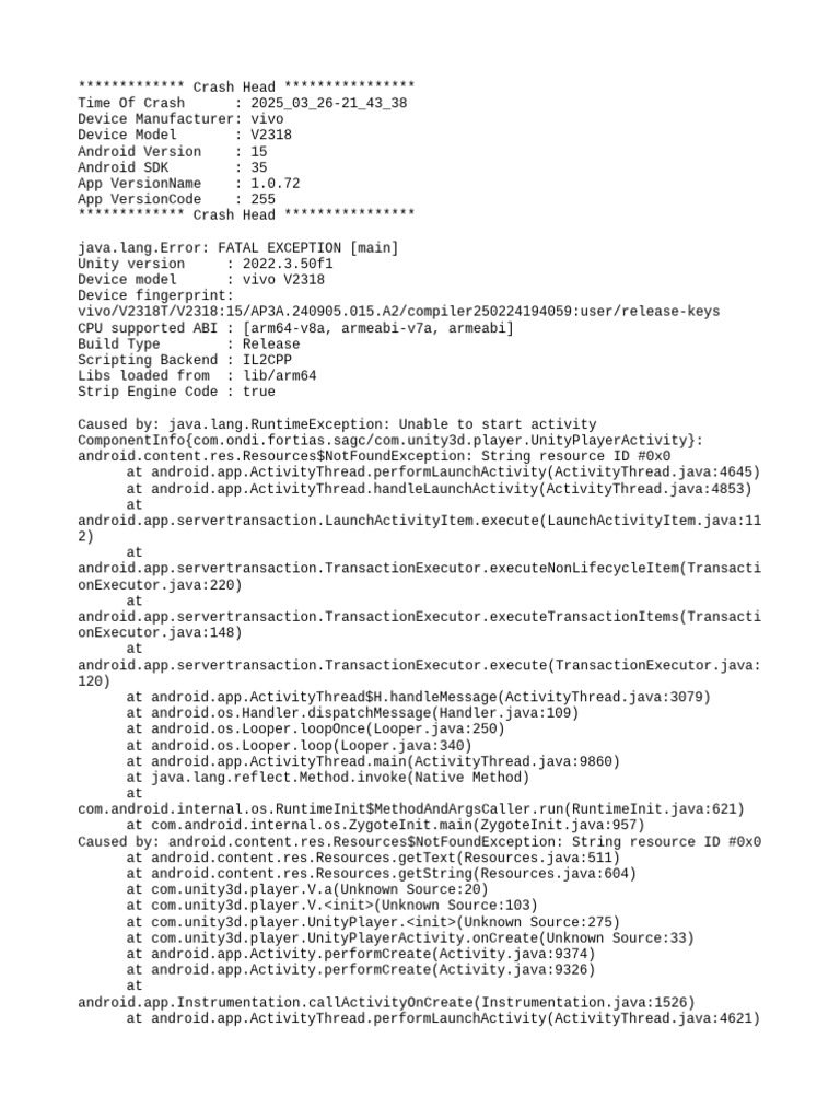 Unity Crash Report for vivo V2318 | PDF | Java (Programming Language ...