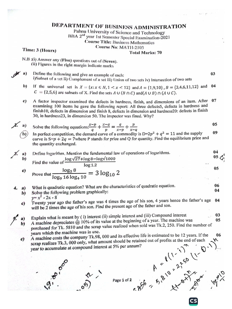 Semester Final Question (MATH-2103) | PDF