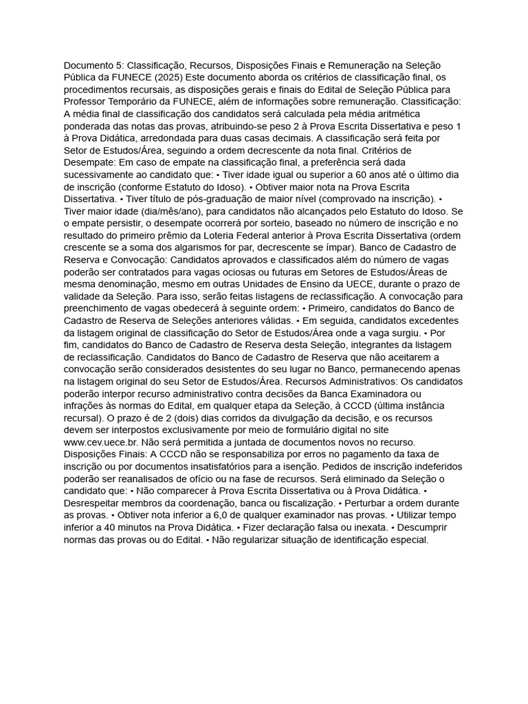 Seleção Pública FUNECE: Classificação e Recursos | PDF