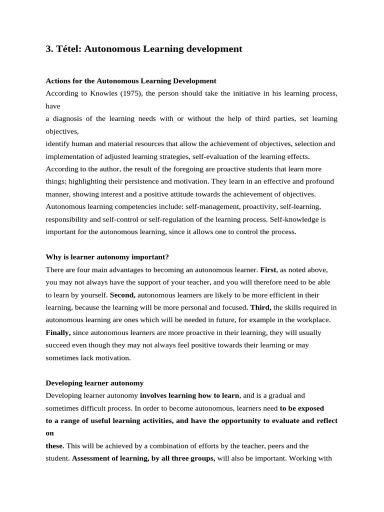 Tétel Autonomous Learning Development | PDF | Learning | Autonomy