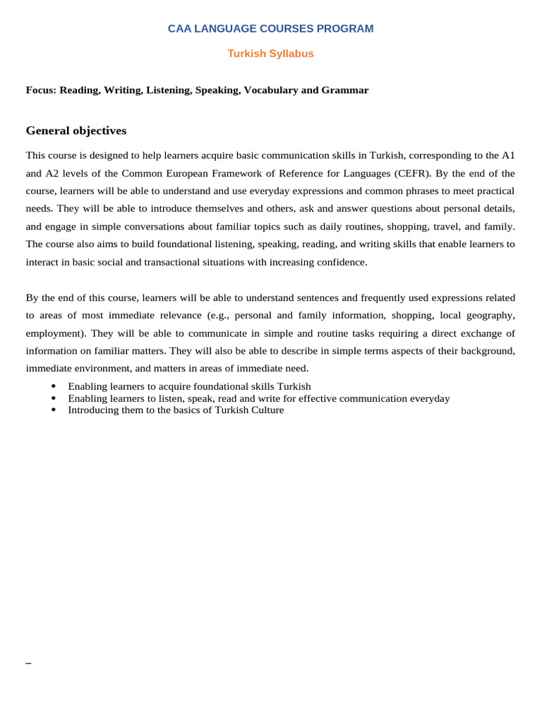 Turkish Language Course A1-A2 Syllabus | PDF | Communication | Language ...