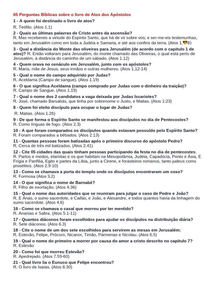 65 Perguntas sobre o Livro de Atos | PDF | Atos dos apóstolos ...