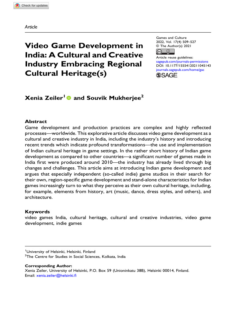 Zeiler Mukherjee 2021 Video Game Development in India A Cultural and ...