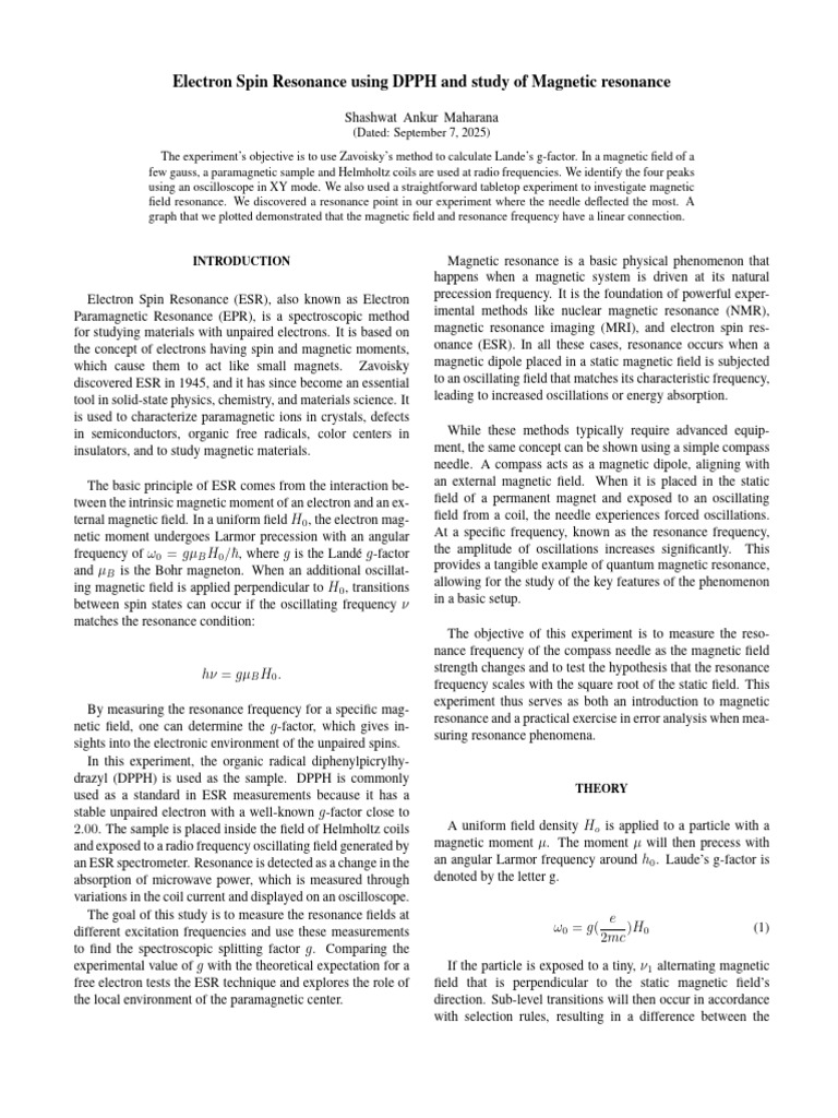 Electron Spin Resonance Using DPPH and Study of Magnetic Resonance ...