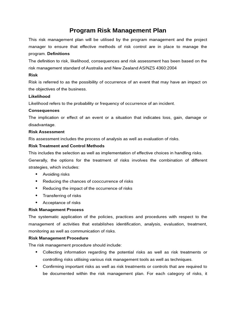 Section 3 Updated Program Risk Management Plan With Residual Risk | PDF ...