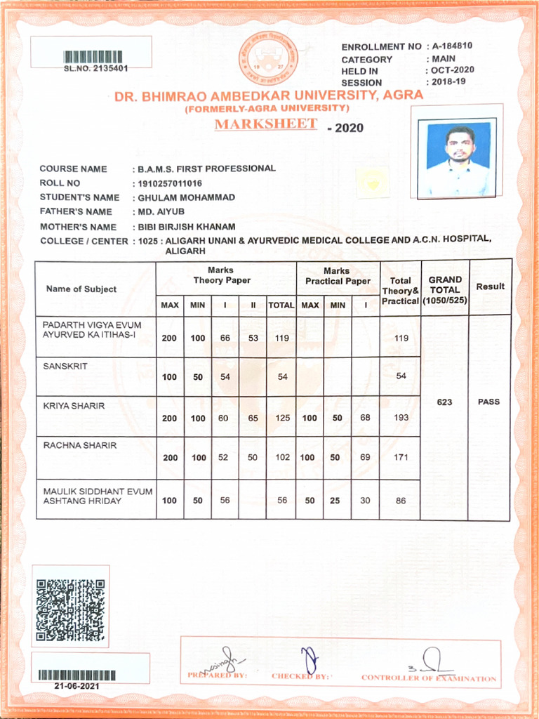 Ist Year Marksheet | PDF
