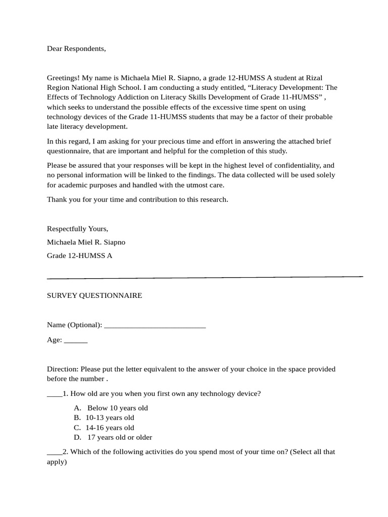 Survey Questionnaire (Pr2) | PDF | Literacy | Reading Comprehension