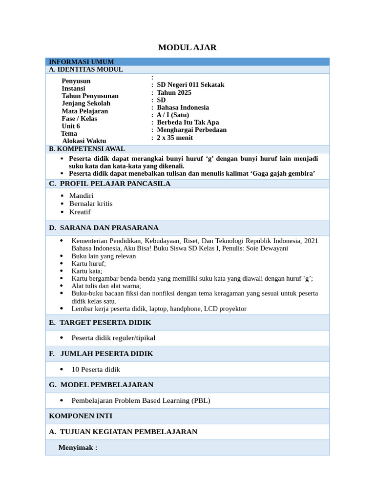 Modul Ajar Bahasa Indonesia SD Kelas 1 | PDF
