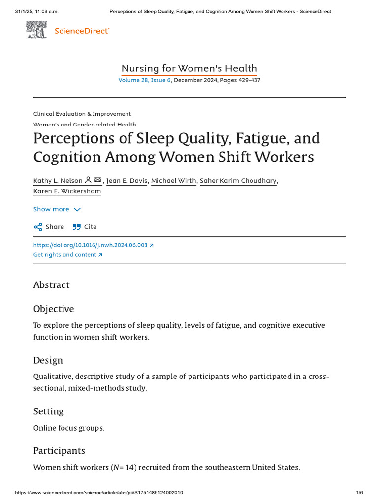 Sleep Quality and Fatigue in Women Workers | PDF | Sleep | Shift Work