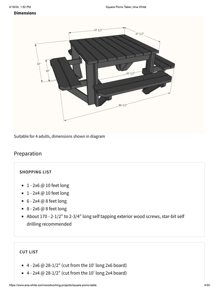 Ana White's Square Picnic Table Plans | PDF | Lumber