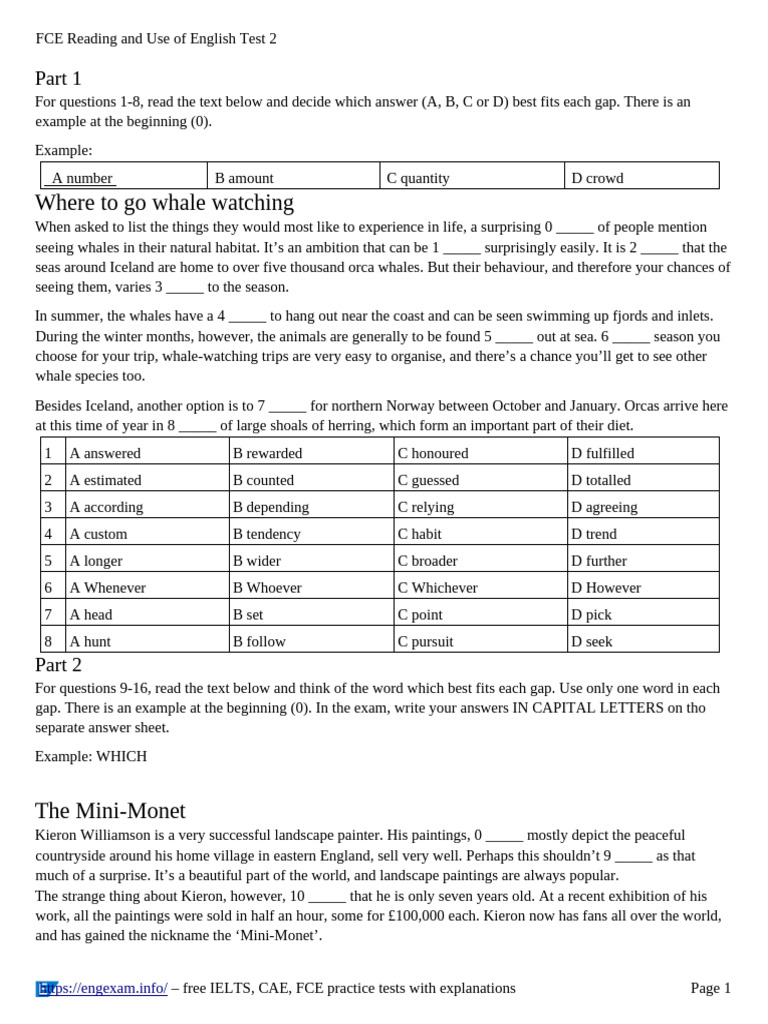 FCE Reading & Use of English Test 2 | PDF | Vocabulary | Whales