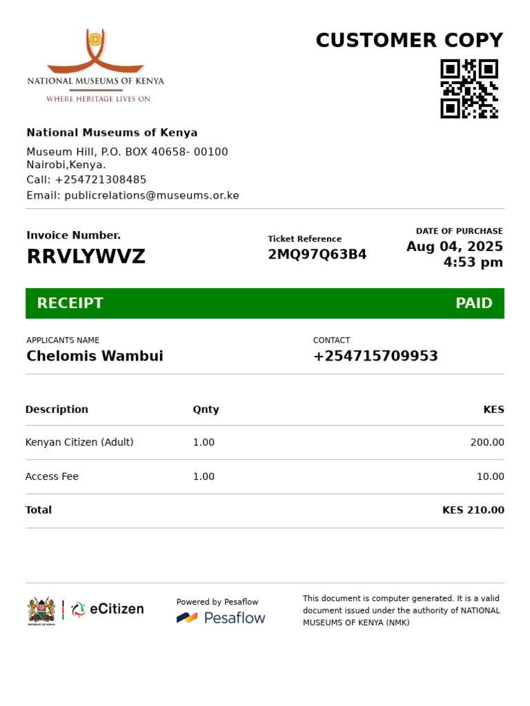 National Museums of Kenya Invoice Receipt | PDF