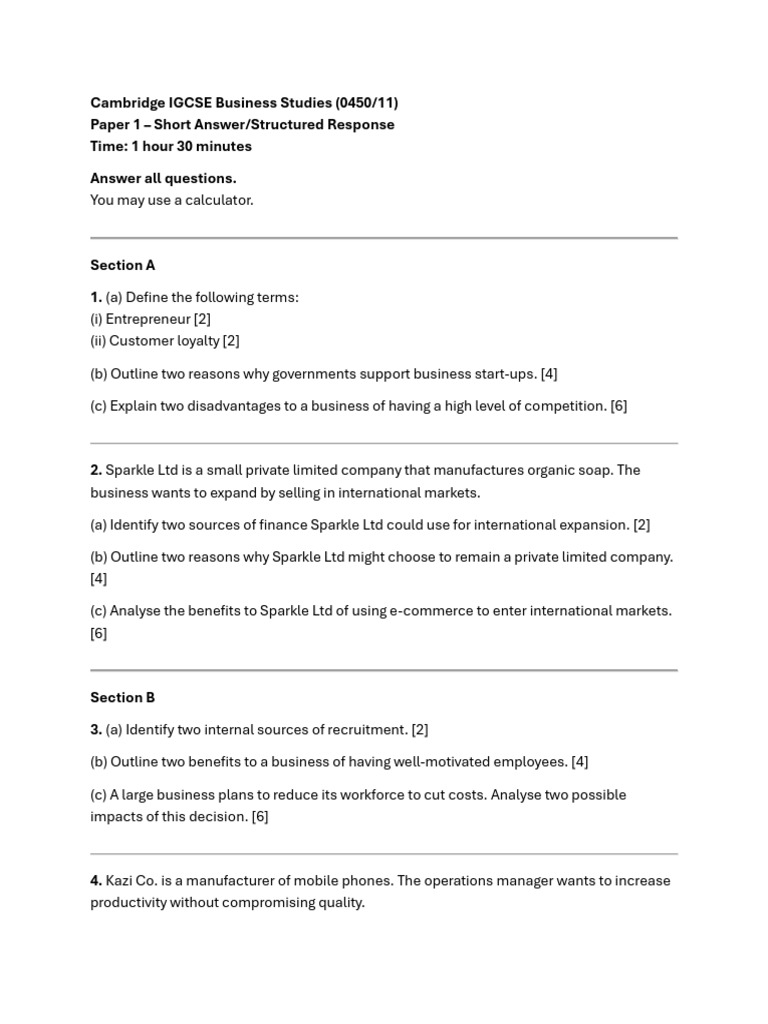 Cambridge IGCSE Business Studies Exam Guide | PDF