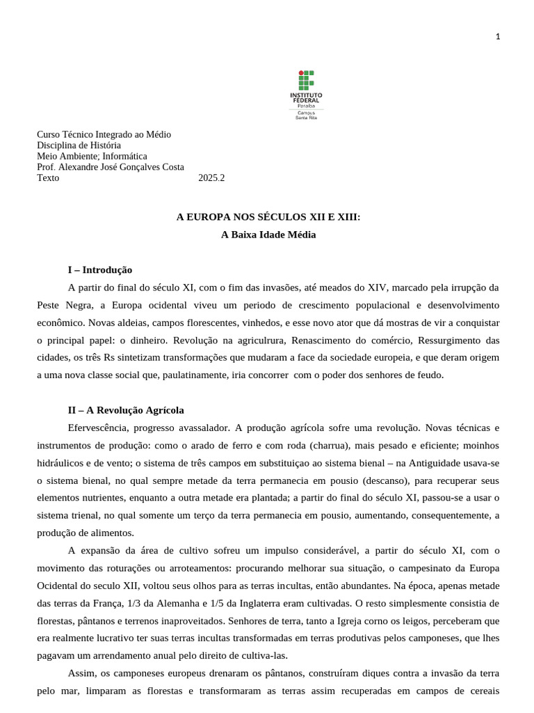 Transformações na Europa: Séculos XII e XIII | PDF | Feudalismo | Idade ...