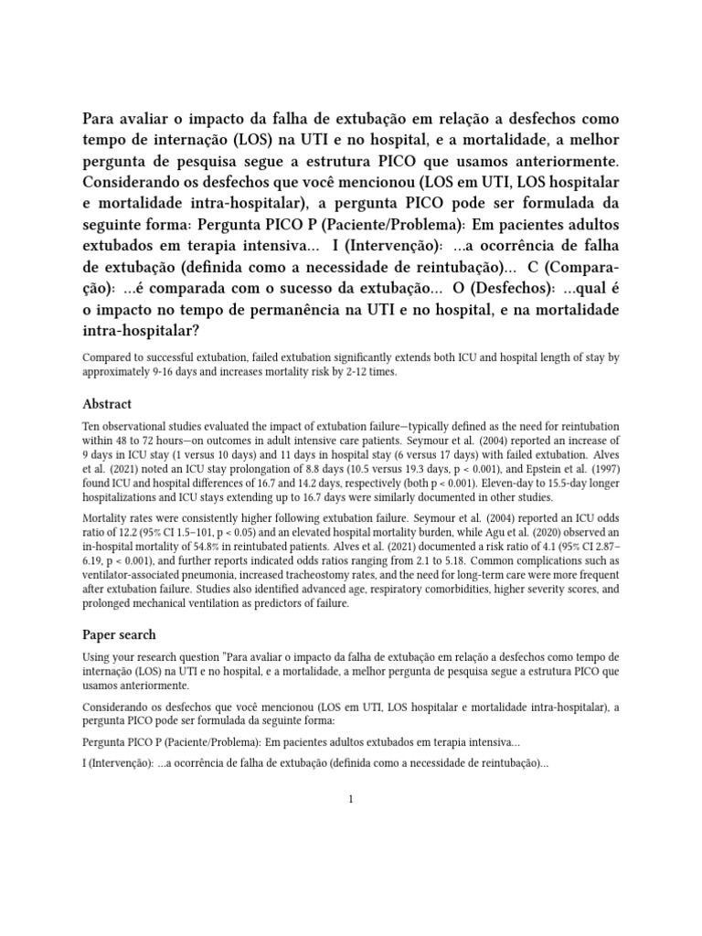 Elicit - Impact of Extubation Failure On ICU Outcomes - Report | PDF ...