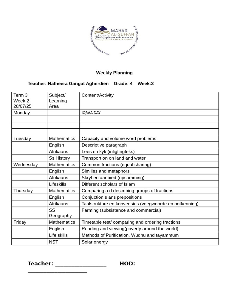 Grade 4 Weekly Lesson Plan | PDF