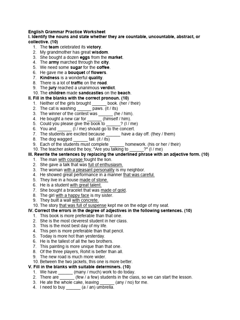 Class 8 Grammar Practice Worksheet | PDF | English Grammar | Linguistics