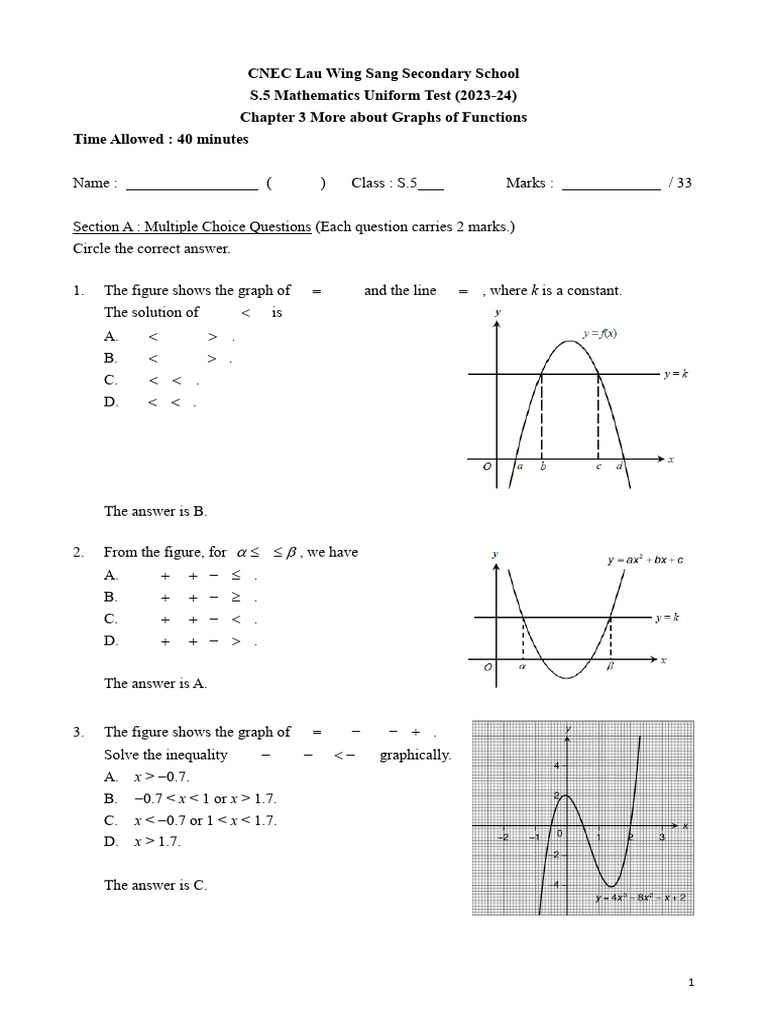 S.5 Mathematics Test: Graphs of Functions | PDF | Graph Theory ...