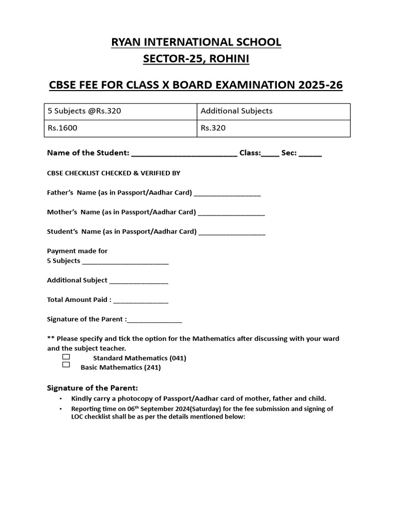 CBSE Class 10 Registration Fee 2025-26 | PDF
