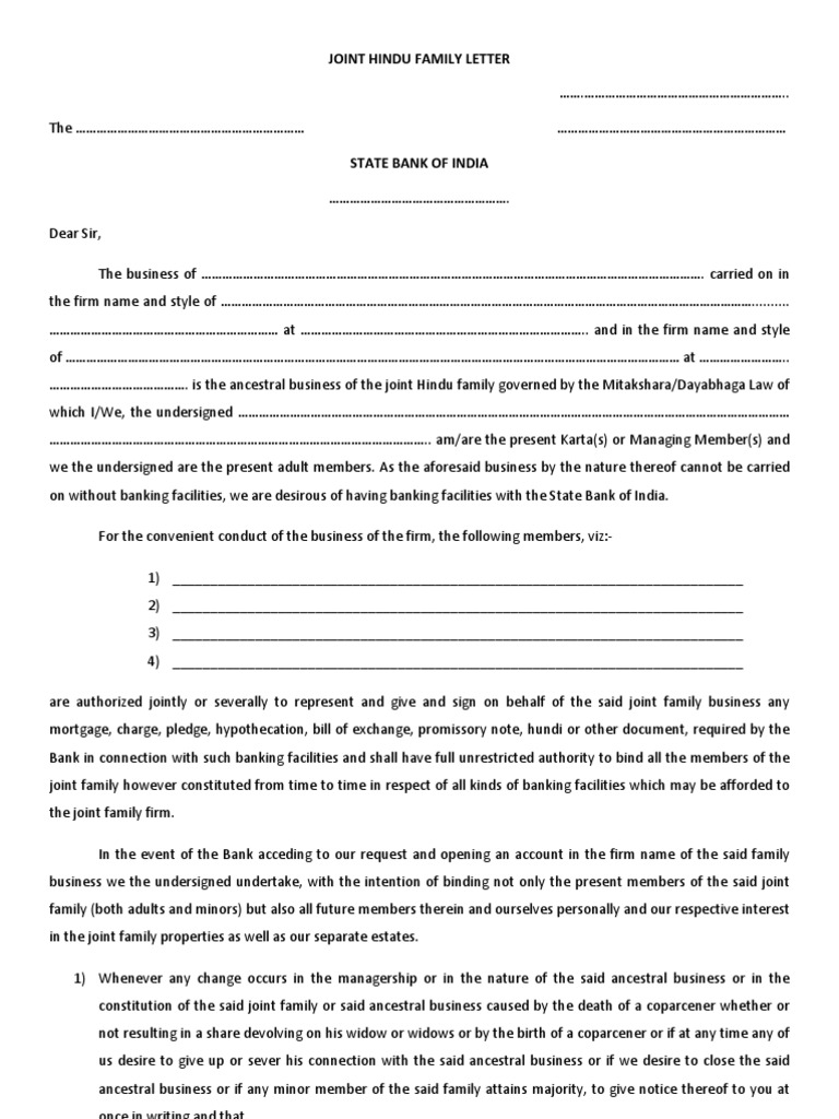 Joint Hindu Family Letter (State Bank of India) PDF Civil Law