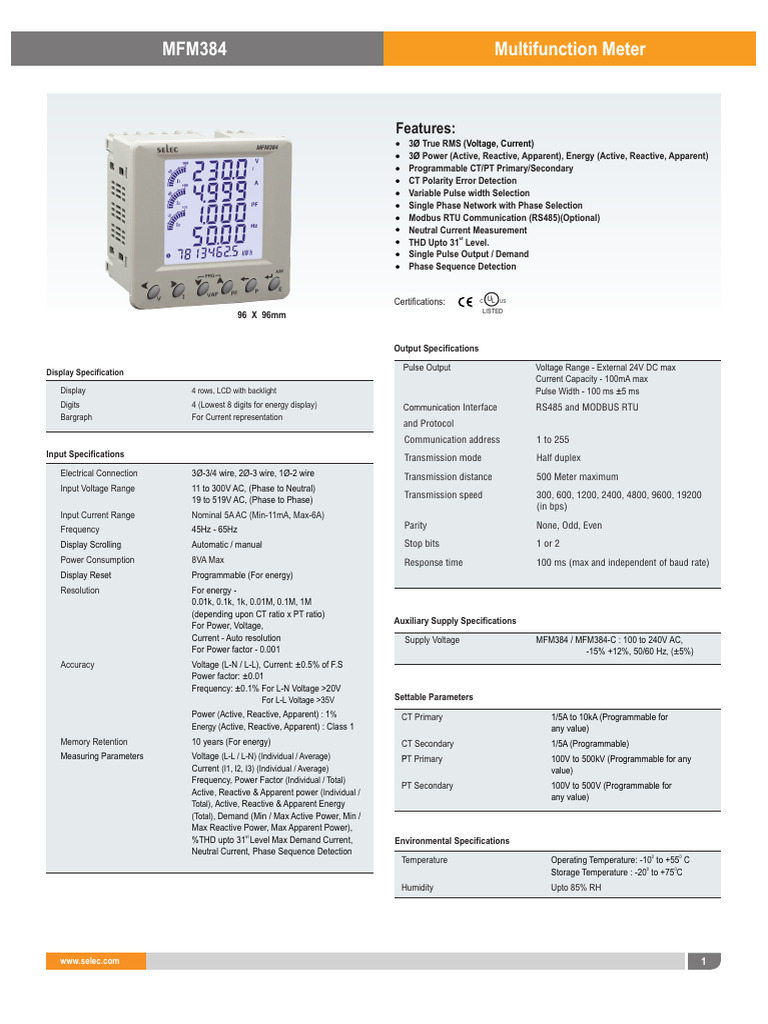 MFM384 Multifunction Meter Manual | PDF | Ac Power | Alternating Current