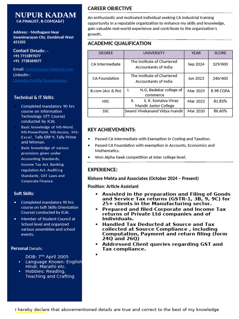 CA Industrial Training Resume: Nupur Kadam | PDF | Taxes | Government ...