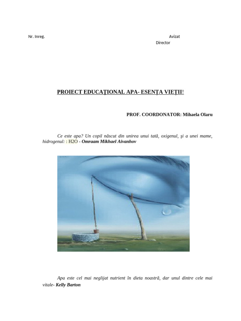 Proiect Apa Esenta Vietii | PDF