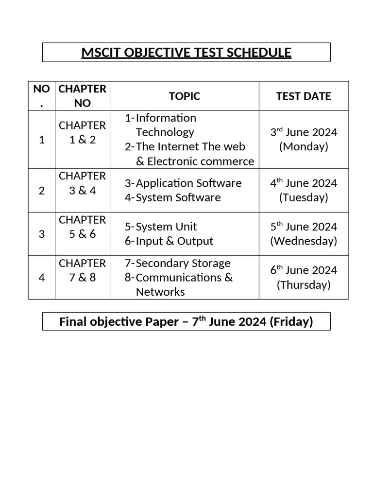 MSCIT Exam Schedule 2024 | PDF
