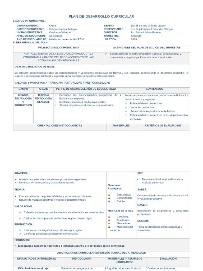 Plan Curricular Secundaria Oruro 2025 | PDF | Cognición | Aprendizaje